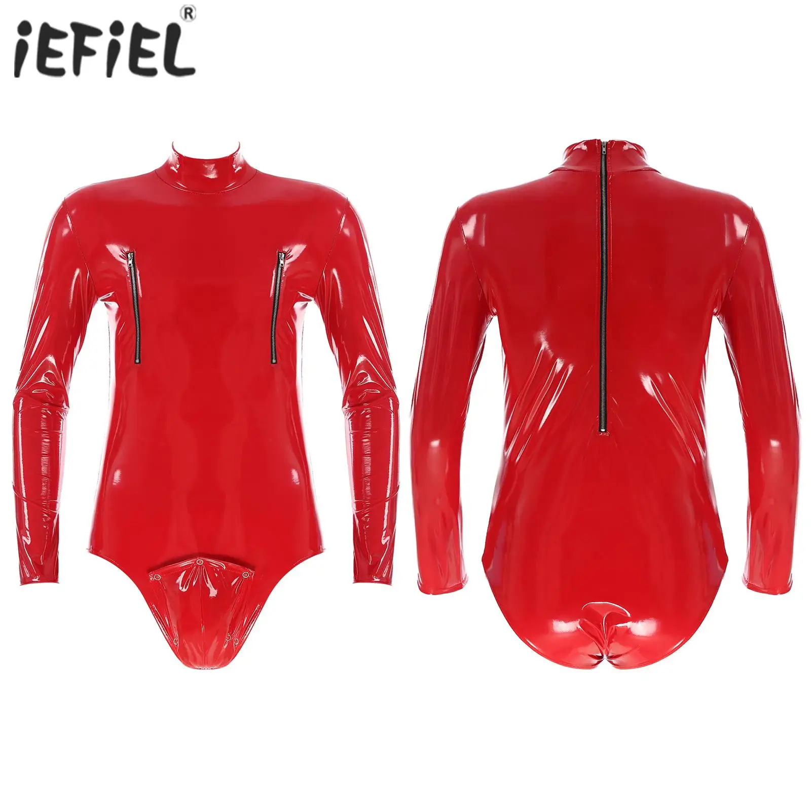 

Mens Fashion Zipper Long Sleeve Bodysuit Open Crotch Removable Bulge Pouch Patent Leather Leotard Clubwear