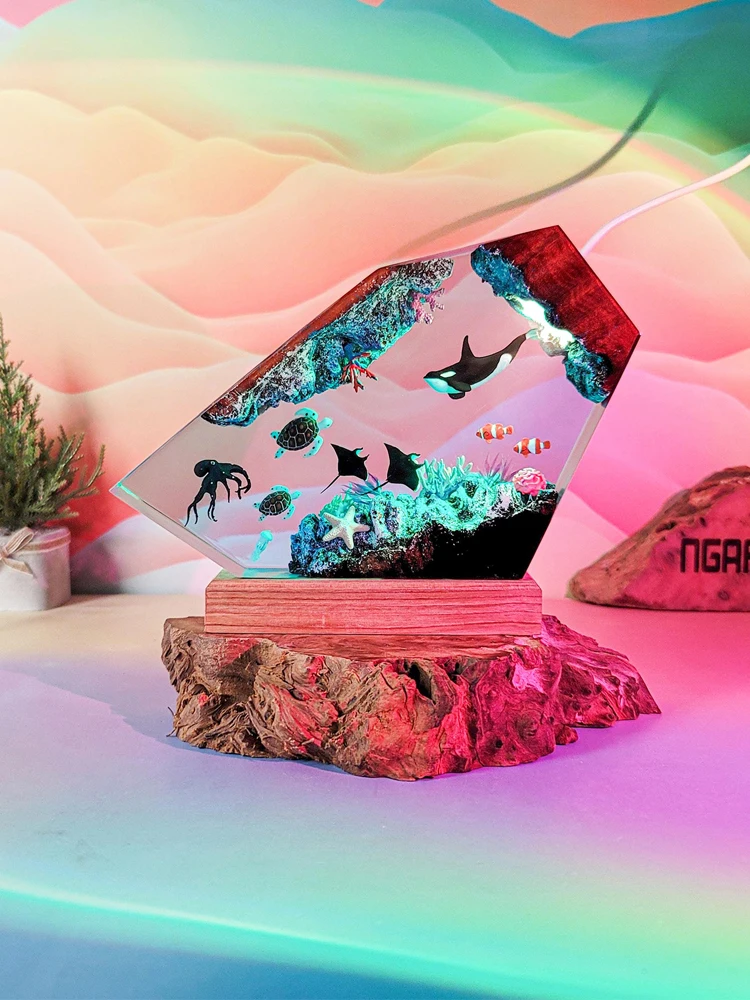Oceaan Organismen Hars Lamp Zeeleven Tafellamp Creatieve Kunst Decoratie Kleuren Lamp Zeebodem Landschap Nachtlampje USB Charge