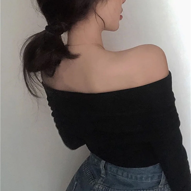 Sexy Off Shoulder Slash Neck Pullover for Women Elegant Slim Long Sleeve Backless Party Wine Red Tees Korean Chic Y2K Crop Tops - Image 3