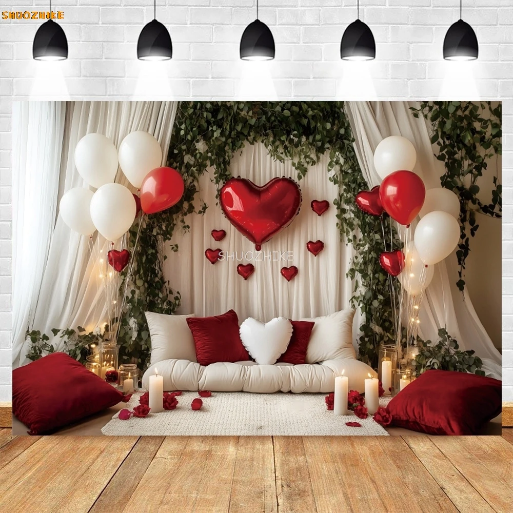 Hochzeit Porträt Fotografie Hintergrund Romantische Valentinstag Weiße Vorhänge Liebe Ballon Rose Blumen Party Dekor Hintergrund
