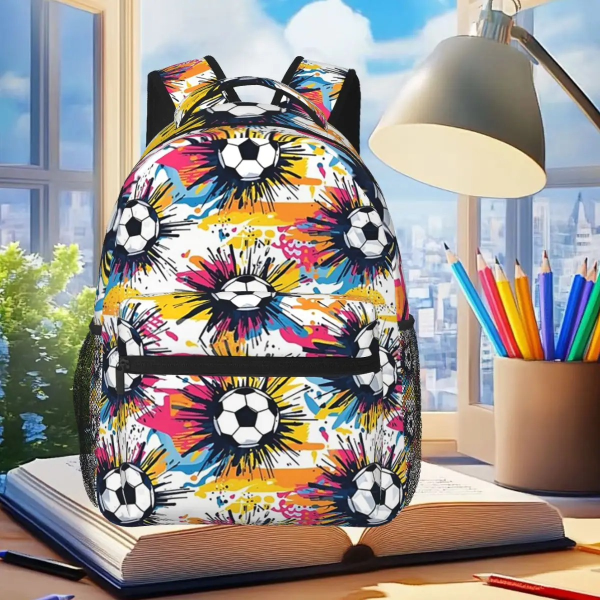

Football Soccer Graffiti Pattern Backpack Student Boys Girls BookBag Kids School Bag Laptop Shoulder Bags for Men Women
