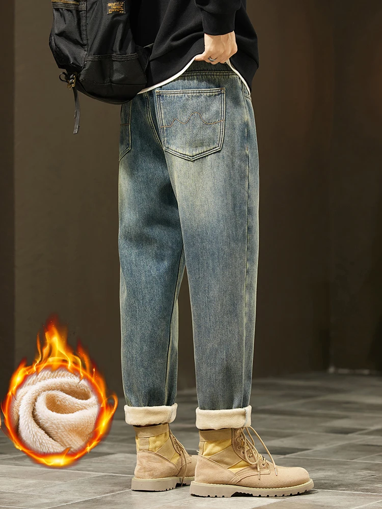الرجعية فضفاض الشتاء الصوف الجينز الرجال الدافئة رشاقته موضة عادية الدينيم السراويل مريحة أفخم المخملية الحرارية الذكور السراويل #2