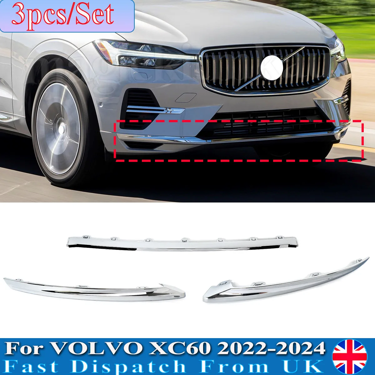 

For 2022 2023 2024 Volvo XC60 Chrome Front Lower Bumper Molding Trim 32227904 32227905 32227906 Front Bumper Lip