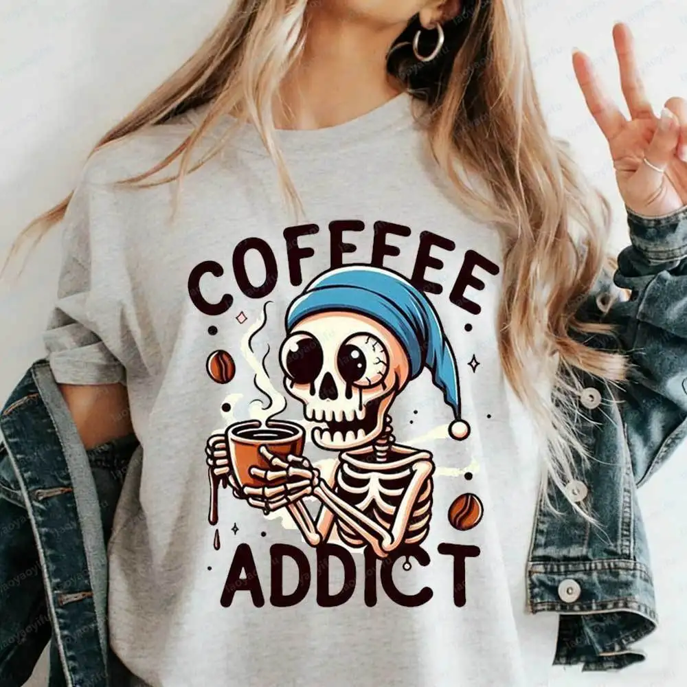 Coffee Addict Skeleton T-Shirt Cute Cartoon Sleepy Skeleton Coffee Cup Graphic Tee for Men Women Casual Cotton Gothic Y2k Topss