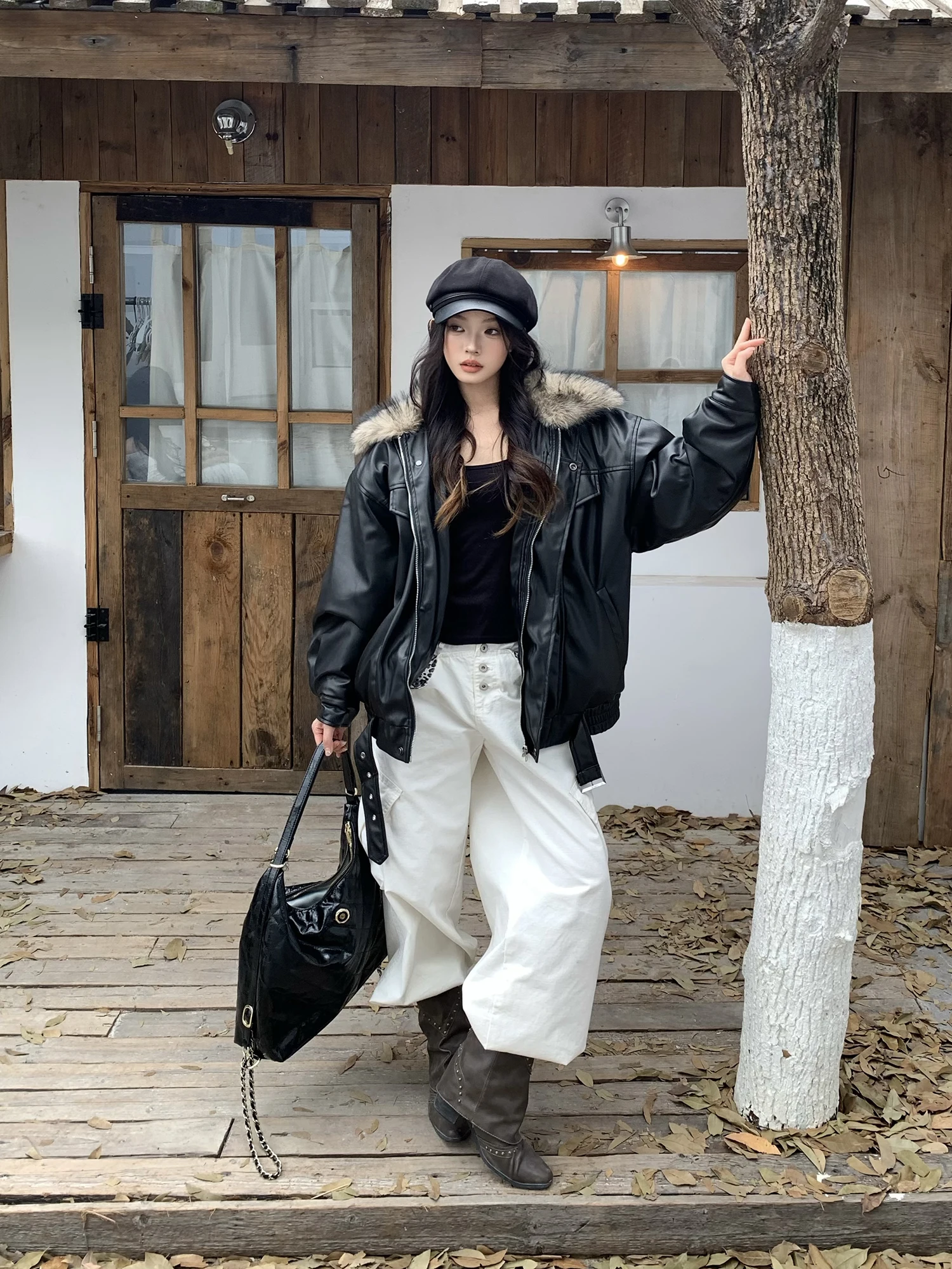 

American Sle Commuter Thiened Loose Women's Leather Jaet Fur Collar Zipper Cotton Coat Warm Sli Retro Sle