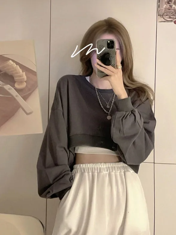 Y2K Short Sleeveless Top And Jacket Two-Piece Set for Girls Jazz Dance Kpop Group Loose Fit Long Sleeve round Neck Cotton Blend
