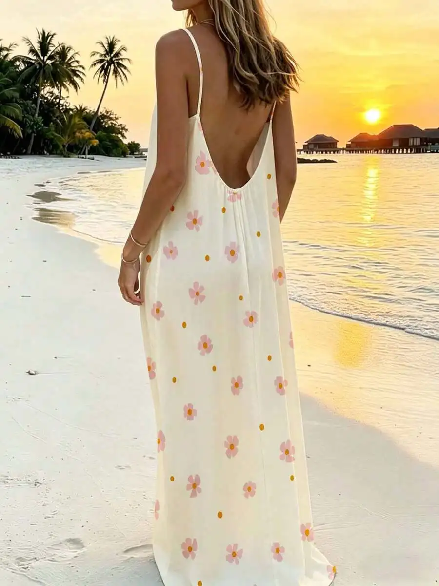 

Floral Print Backless Maxi Dress For Beach Vacation Summer Casual Outfit