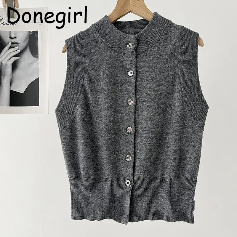 

Donegirl 2024 New Women Spring Autumn Fashion Single-breasted Round Neck Sleeveless Knitted Vest Solid Commute Sweater Tank Chic