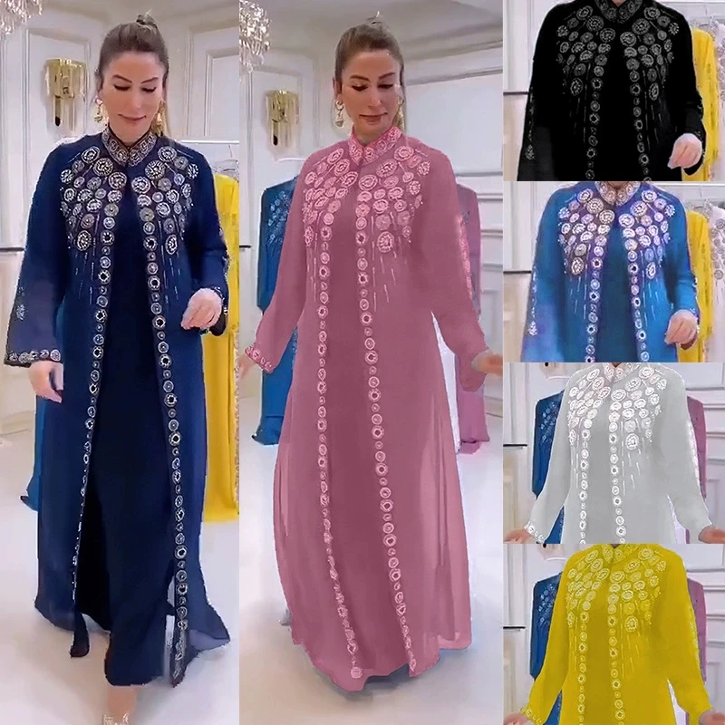 

Ramadan Moroccan Saudi Arabian Clothing Muslim Hot Diamond Chiffon Stand up Collar Dress Middle Eastern Islamic Dubai Robe