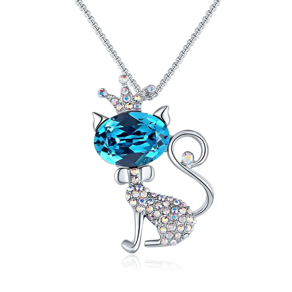 Cute Crown Cat Pendant Necklace With Premium Crystals from Austria Silver Color Rainbow Jewelry for Girls Women Birthday