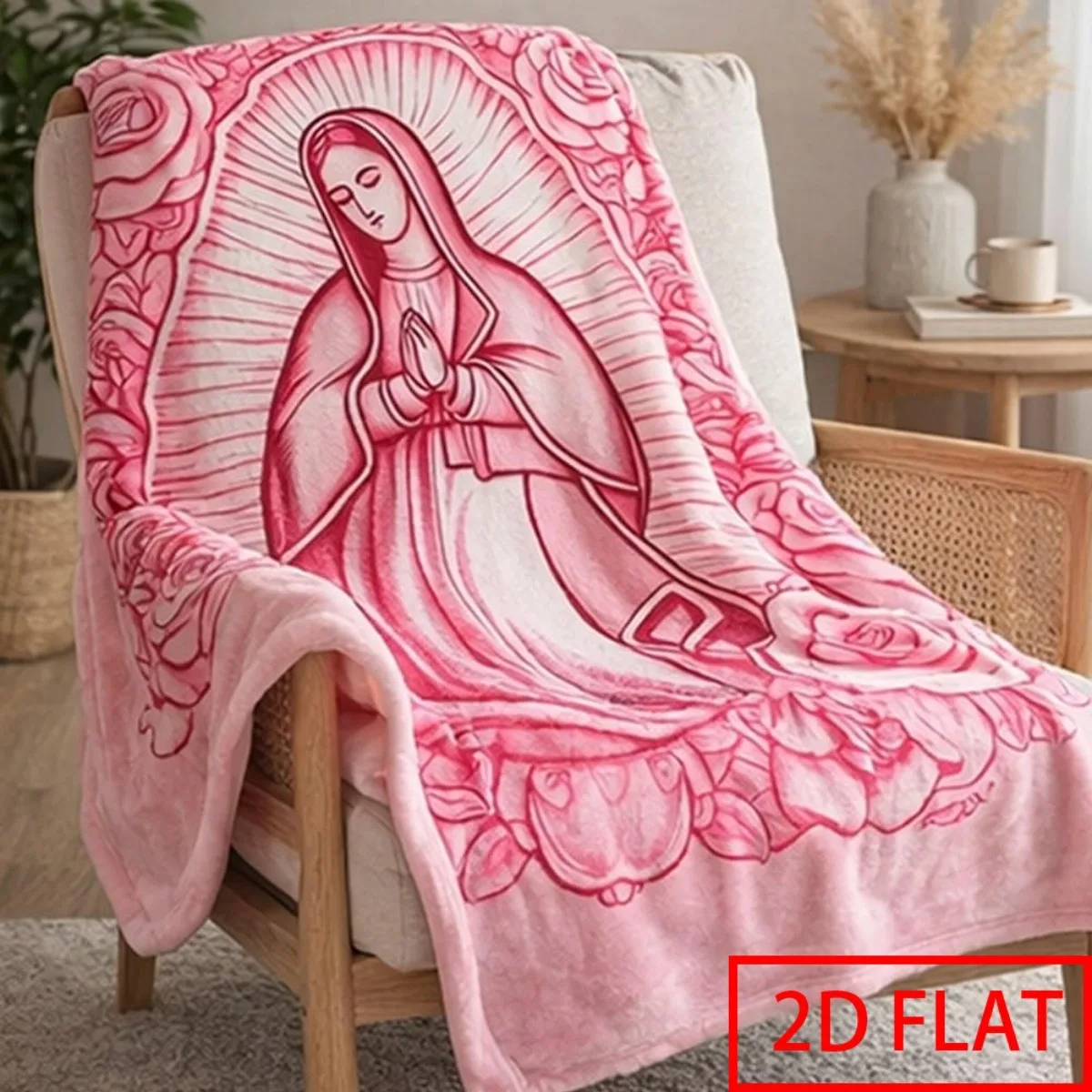 Virgin Mary Pink Rose Flannel Blanket