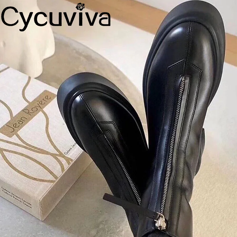 Chunky Square Heel Chelsea Boots Ladies Front Zipper Genuine Leather Women Winter Shoes Motorcycle Ankle Boots For Women