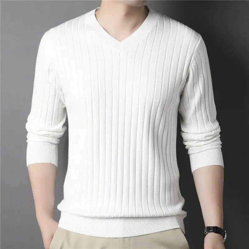 

Large Autumn/Winter Long Sleeve V-Neck Solid Stripe Knitted Warm T-shirt Men's Simple Cotton Washable Comfortable Top Z75