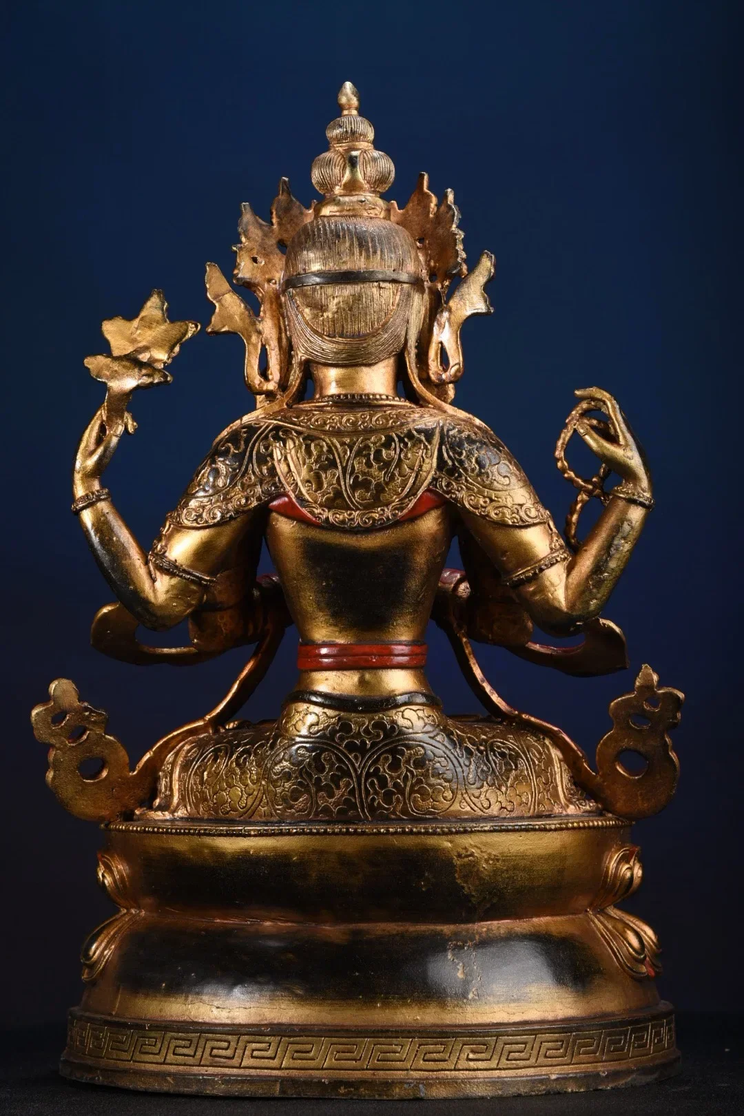 

15"Tibetan Temple Collection Old Bronze Cinnabar Mud gold Four Arm Guanyin Buddha Double Lotus Platform Worship Hall Town house