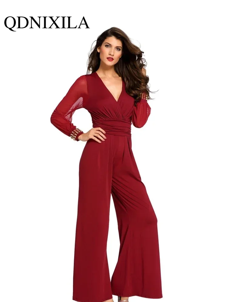 New In Spring Summer Women\'s Jumpsuit Black V-neck Mesh Splicing Straight One-piece Female Jumpsuit Sexy Streetwear Clothes