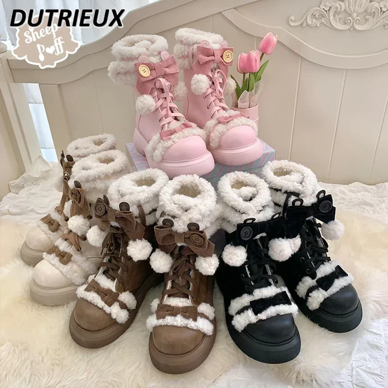 2023 New Autumn and Winter Women's Boots Fleece-lined Warm Slugged Bottom Cotton-Padded Boots Sweet Cute Lolita Shoes Femme