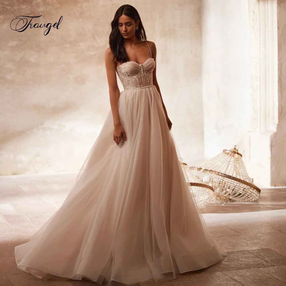 

Traugel Sexy Sweetheart Backless Spaghetti Straps Wedding Dresses Delicate Pleat Appliques Beaded Court Train A Line Bridal Gown