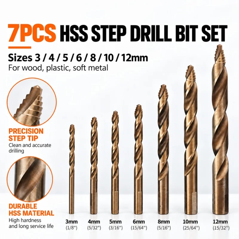7PCS HSS Step Drill Bit Set 3-12mm Triangle Shank Anti-Slip Drill Bits for Wood Plastic Soft Metal Drilling