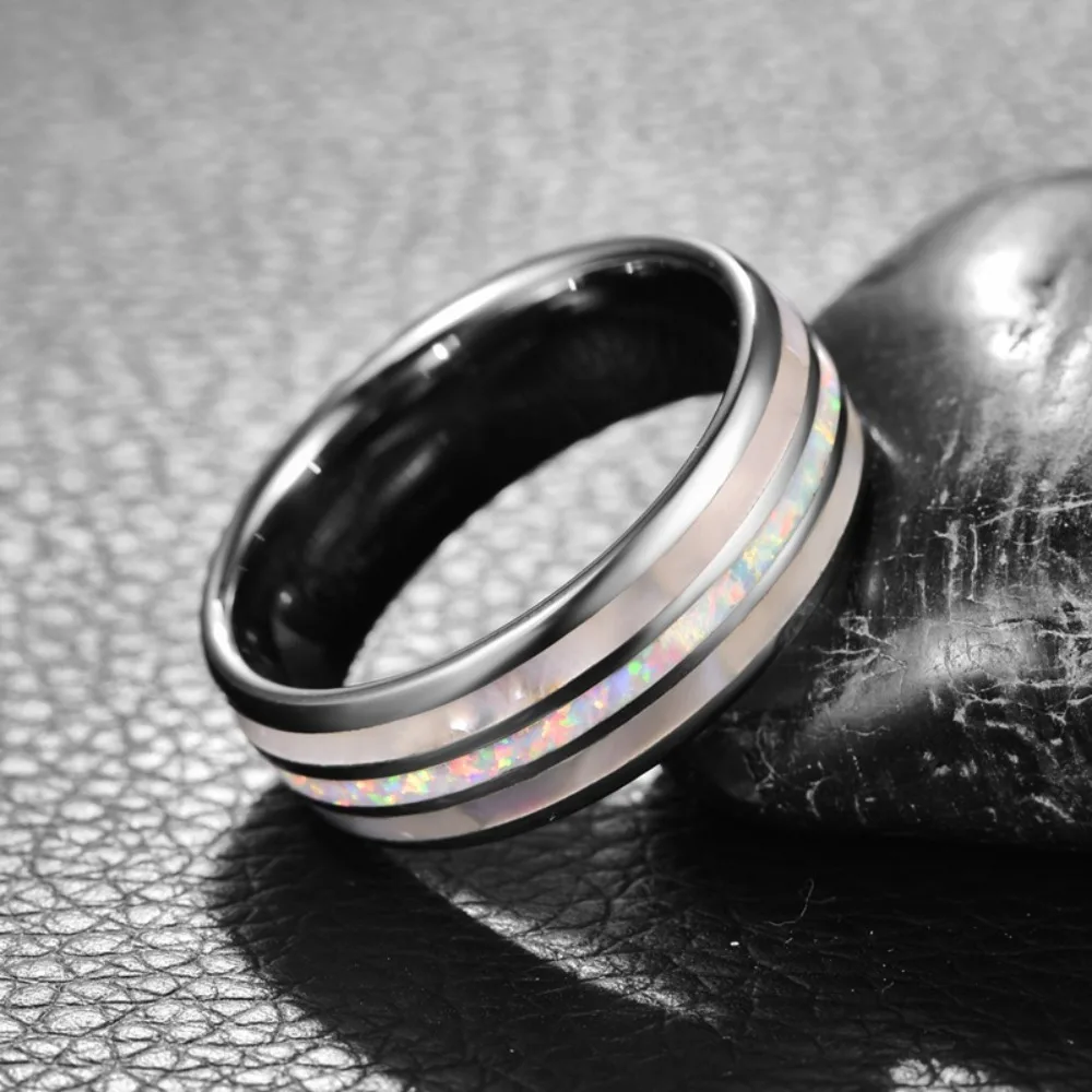 Somen 8mm Tungsten Carbide Wedding Band For Men White Opal & Abalone Shell Inlay Polished Promise Engagement Rings Jewelry Gift