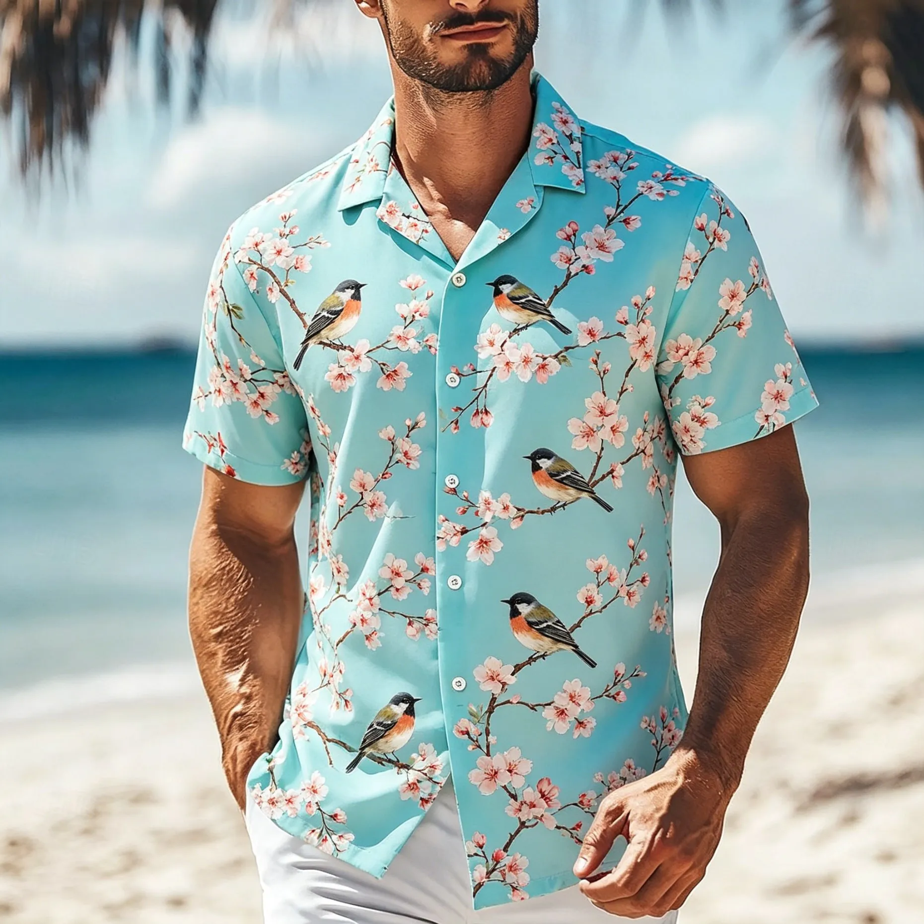

Men's Short Sleeve Button Shirt, Cherry Blossom Branch & Little Bird Print, for Spring Summer Beach Daily Vacation Outfits