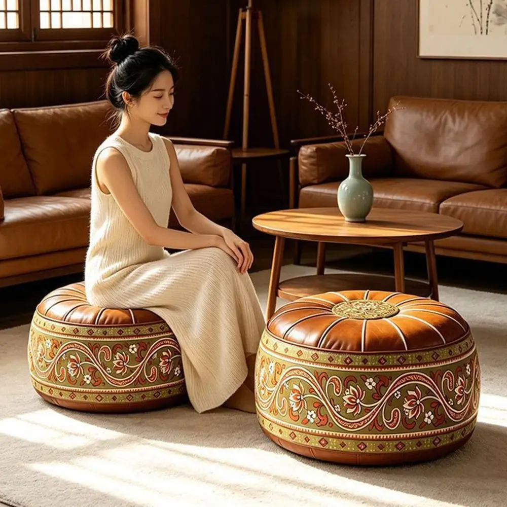 PU Leather Fillable Ottoman Pouf Embroidered Pattern Round Shape Storage Ottoman Moroccan Style Floor Seat Cushion Living Room