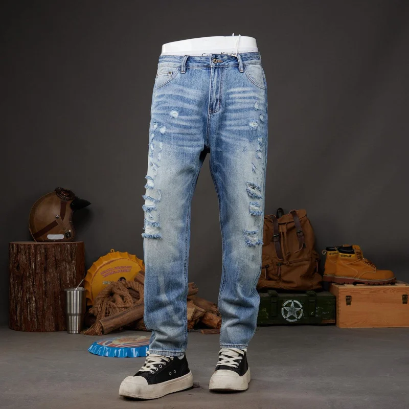 Men's Denim Harem Pants 2026 Vintage American Style, Washed, Ripped, Loose, Versatile, Daily Casual
