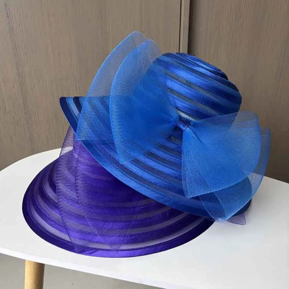 

Elegant Ruffles Design Organza Mesh Hat Wide Brim Breathable Tea Party Cap Large Bow Beach Hat Resort Wear