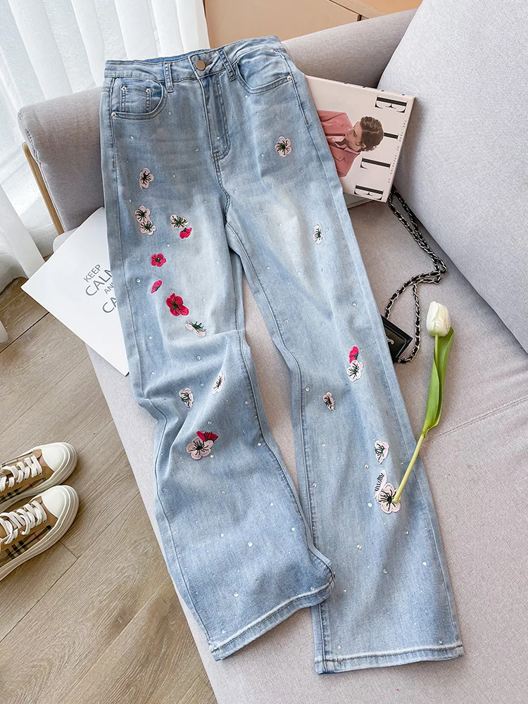 

Синие джинсовые брюки с высокой талией и широкими штанинами для женщин, модные, с эффектом омоложения, со стразами, летние, повседневные, свободного кроя, длинные