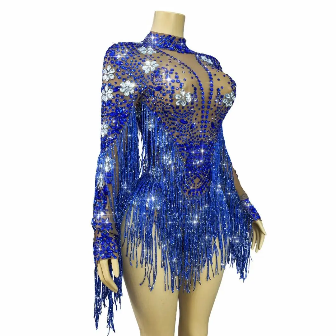 Shenlan Sparkling Blue Rhinestone Fringe Jumpsuit Sexy Mesh Perspective Latin Dance Dress Bar Performance Costume Prom Gowns