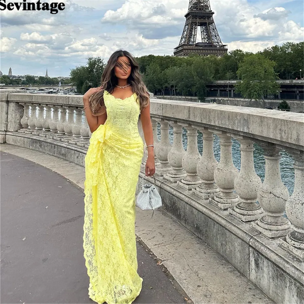 

Sevintage Faint Yellow Saudi Arabic Prom Dresses Lace Mermaid Pleated Floor Length Vestidos De Fiesta Elegantes Para Mujer 2023