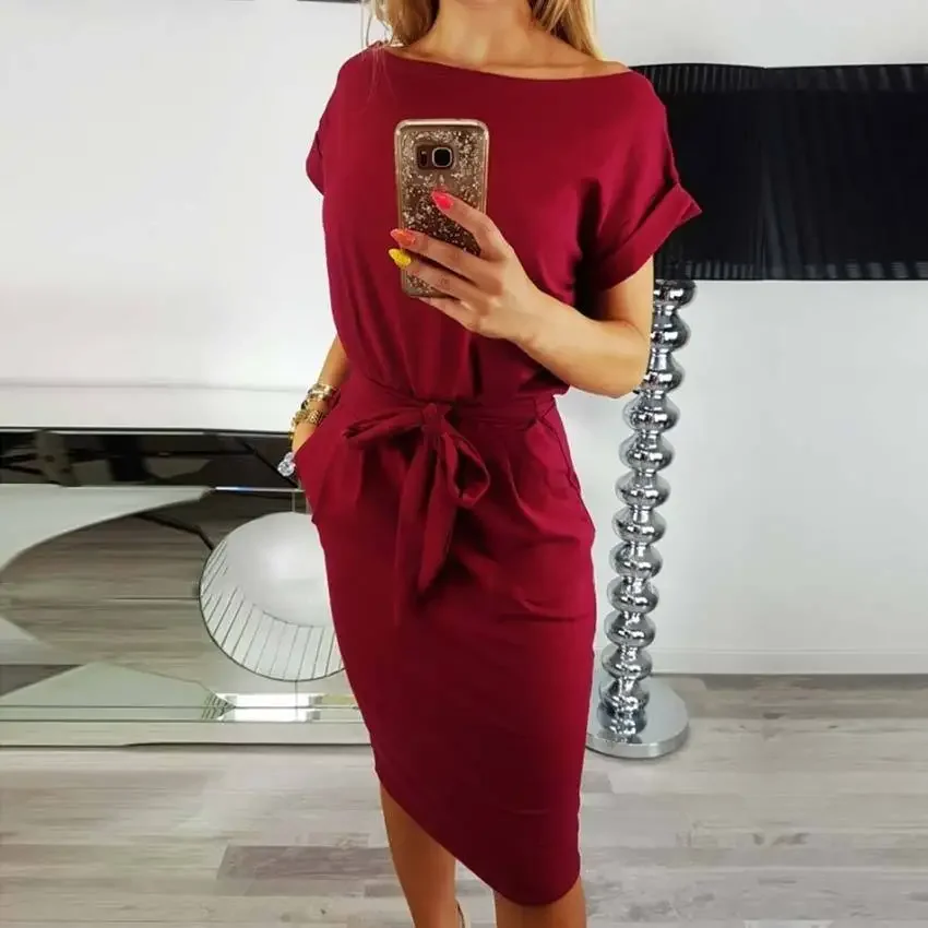 

Summer Casual Short Sleeve O-Neck Oversize Women Dresses Slim Bodycon Dress Female Solid Pockets Midi Cotton Dress