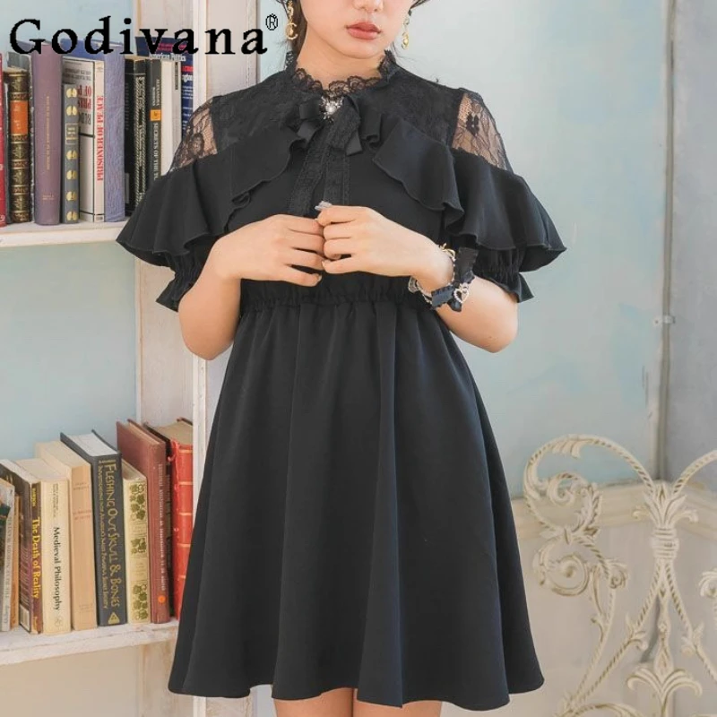 فستان نسائي بياقة الدمية على الطراز الياباني فستان Rojita Princess أسود حلو فستان نسائي صيفي قصير الأكمام بقصة ضيقة مكشكش #2