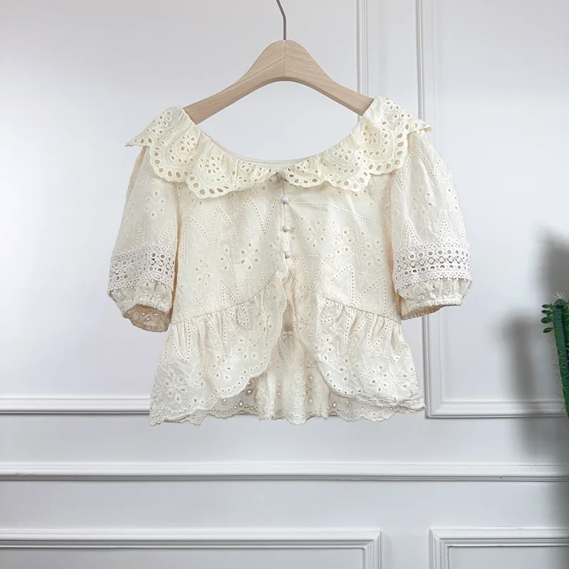 

Women Summer New Small Fragrant Sweet Lace Blouse Doll Collar Bubble Sleeve Hollow Short Sleeve Blue White Kawaii Shirt Female