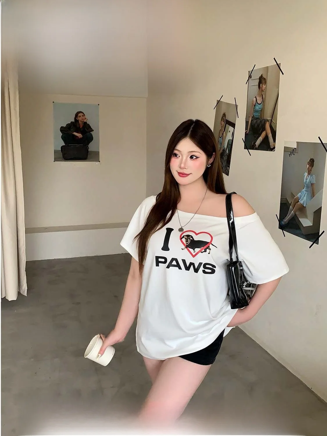 soul Retro Sausage Dog 플러스 사이즈 아메리칸 반팔 티셔츠 루즈 원 숄더 여름 여성 캐주얼 스타일 프린트 탑