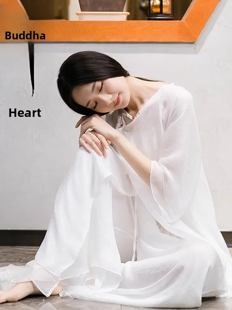 Ensemble de danse Zen éthérée blanche Dr, Costume de cérémonie de thé irrégulier pour femmes, tenue de spectacle sur scène traditionnelle chinoise