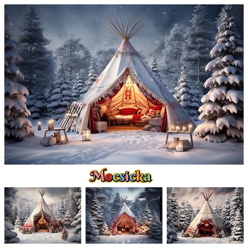 Moclicka tenda Natal latar belakang fotografi, salju musim dingin luar ruangan pohon Kemah pesta foto latar belakang Studio Photozone Tahun Baru