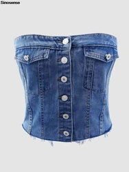 Womens Summer Denim Crop Top Button Front Raw Hem Strapless Bandeau Jean Tops Y2K Going Out Night Club Party Denim Tube Top