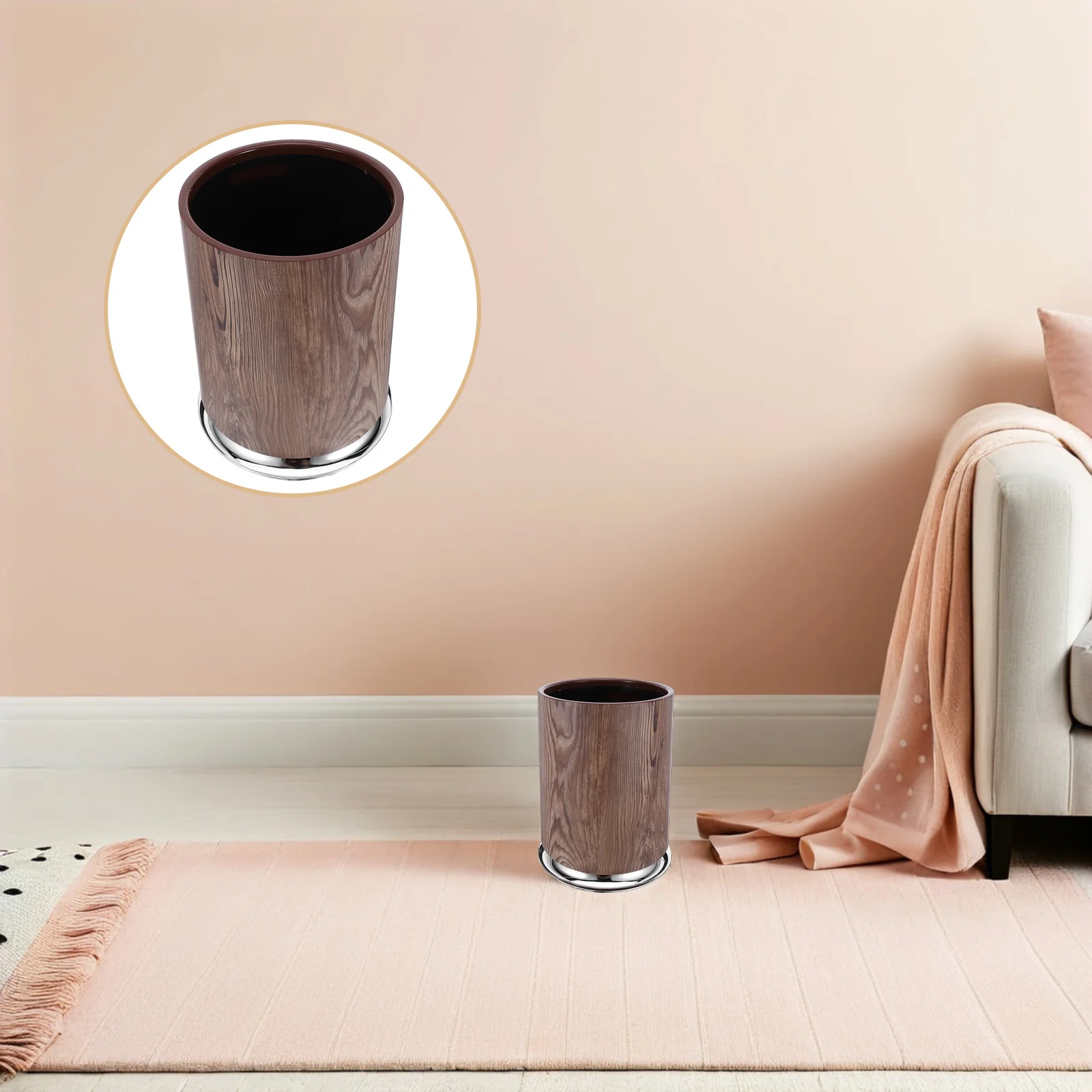 

Wood Grain Trash Can: Round Light Brown Wastebasket For Kitchen Bedroom Living Room Office Space-Saving Sealed Design Retro