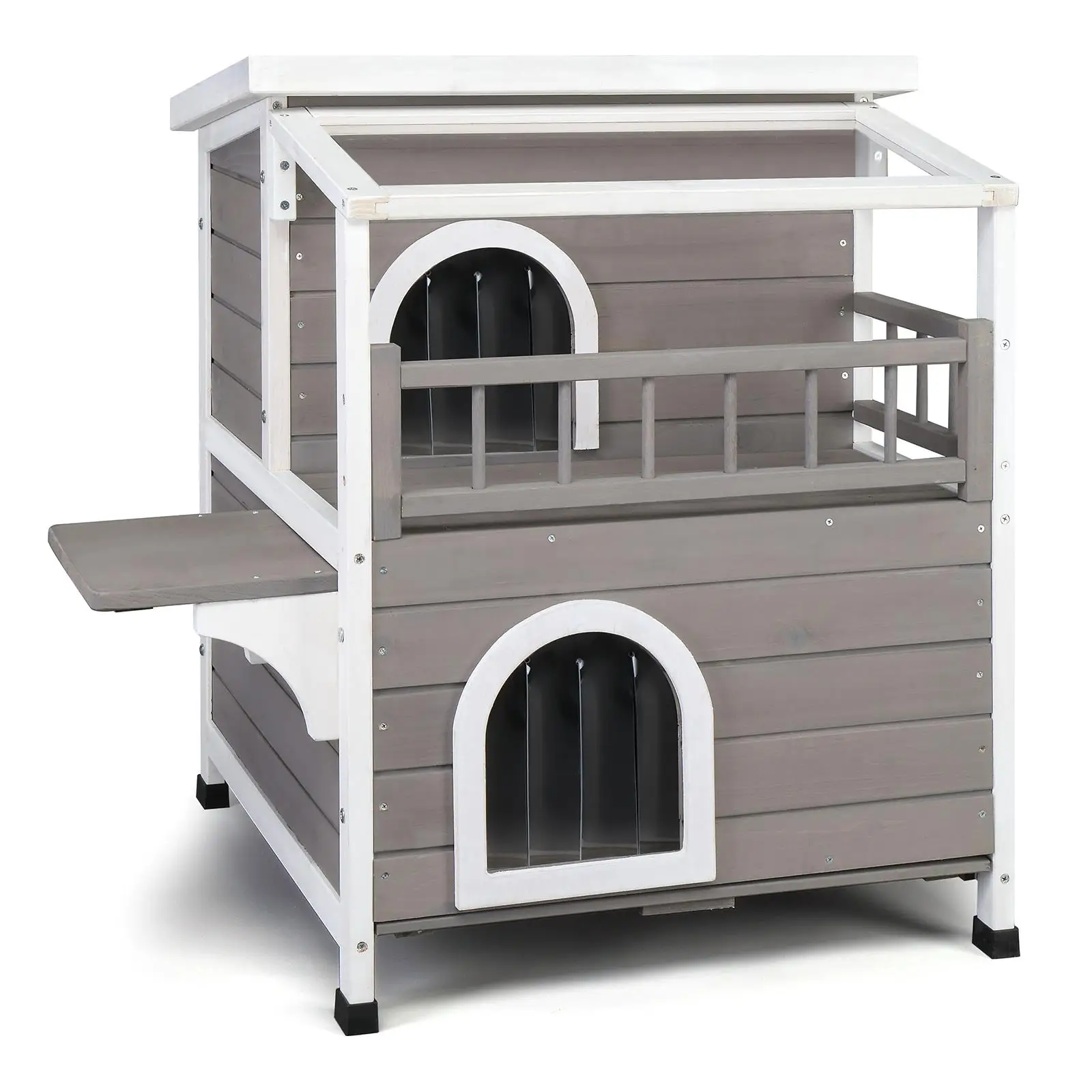 2-Story Luxury Wooden Cat House for Indoor/Outdoor Use - Weatherproof, Canopy, Balcony & Double Escape Door - Grey/White