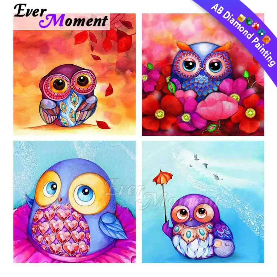 Ever Moment Diamond Painting AB Drill Kits Owl Cartoon Full Square Cross Stitch Picture Of Rhinestone Diamond Embroidery S2F2429