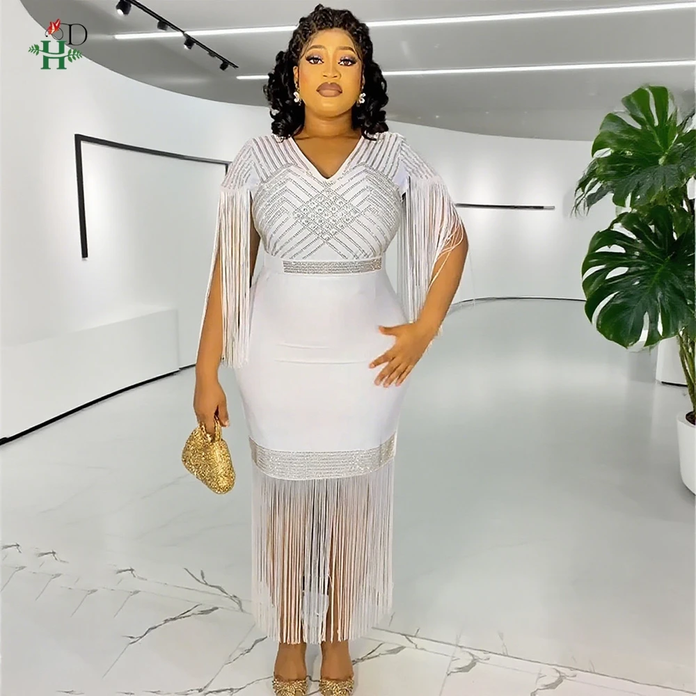 エレガントなアフリカンドレス レディース 新作 高級 ダイヤモンド タッセル Vネック ハイウエスト パッケージ 誕生日パーティー ローブ ミニ ブブ オフィスウェア