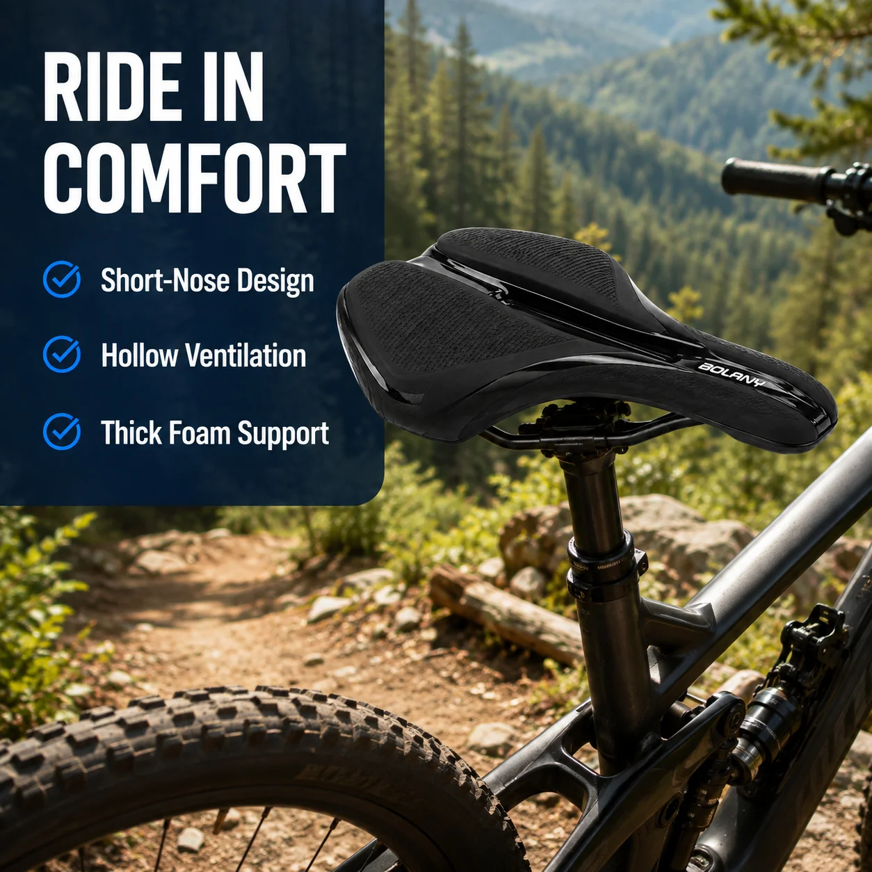 BOLANY Short Nose Bike Saddle Hollow Breathable Thick Foam Anti-Slip Embossed Seat for MTB Road Mountain Bicycle
