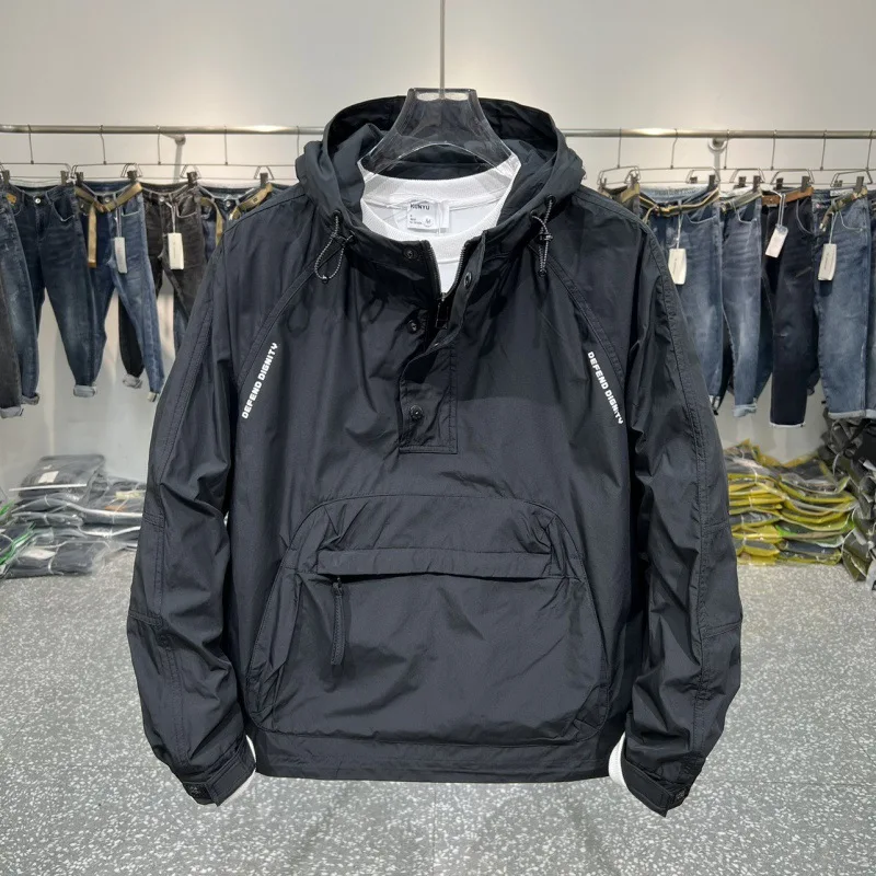 2026 New Spring Men Cargo Windbreaker Teenagers Loose Half Zip Hooded Jacket Trendy Outdoor Long Sleeve Pullover Outerwear Male