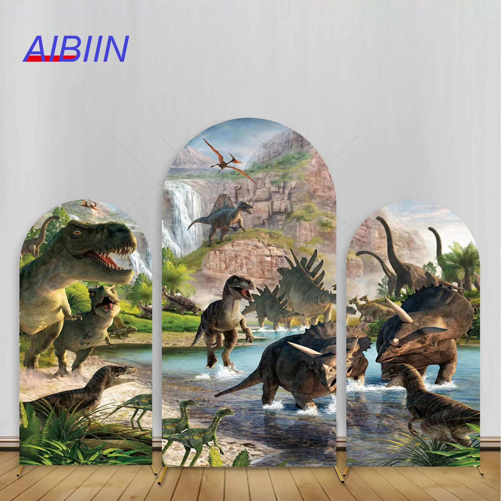 

Realistic Dinosaur Arch Backdrop Cover Jungle Animal Forest Birthday Party Decor Brave Boy Portrait Photozone Background