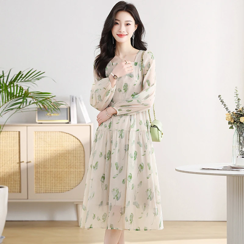 Women's Dress 2024 New Office Lady French Korea Style Chiffon Floral Print Long Sleeve Square Collar Dresses