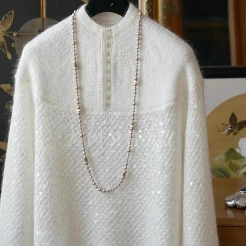 

Новинка 2023 года, осенний белый элегантный пуловер, женский корейский модный вязаный свитер с блестками, мягкая кашемировая одежда во французском стиле