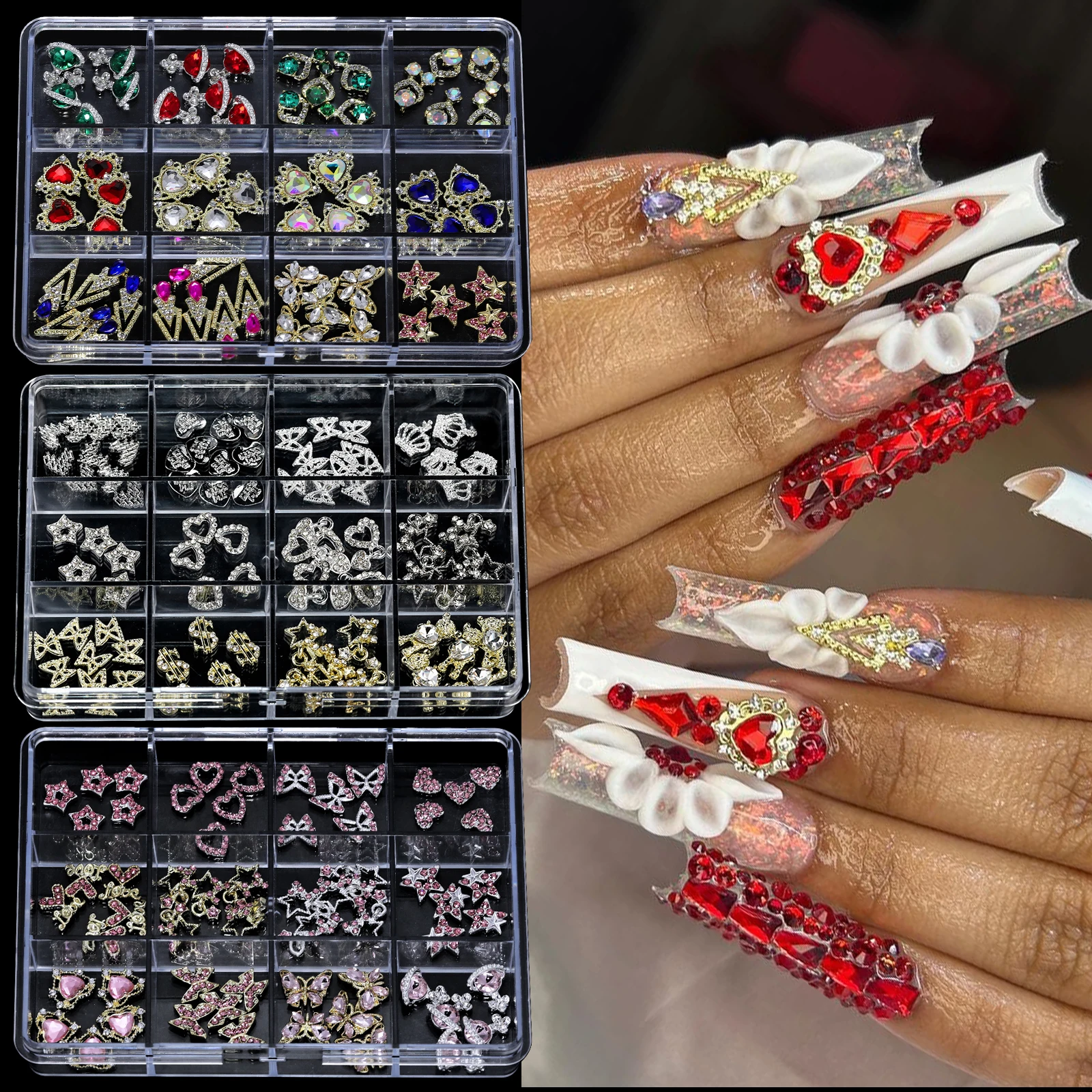 

3D Nail Art Rhinestone Gems Decoration Metal Alloy AB Iridescent Hearts Stars butterflies crowns Nail Charms Luxury Diamond bear