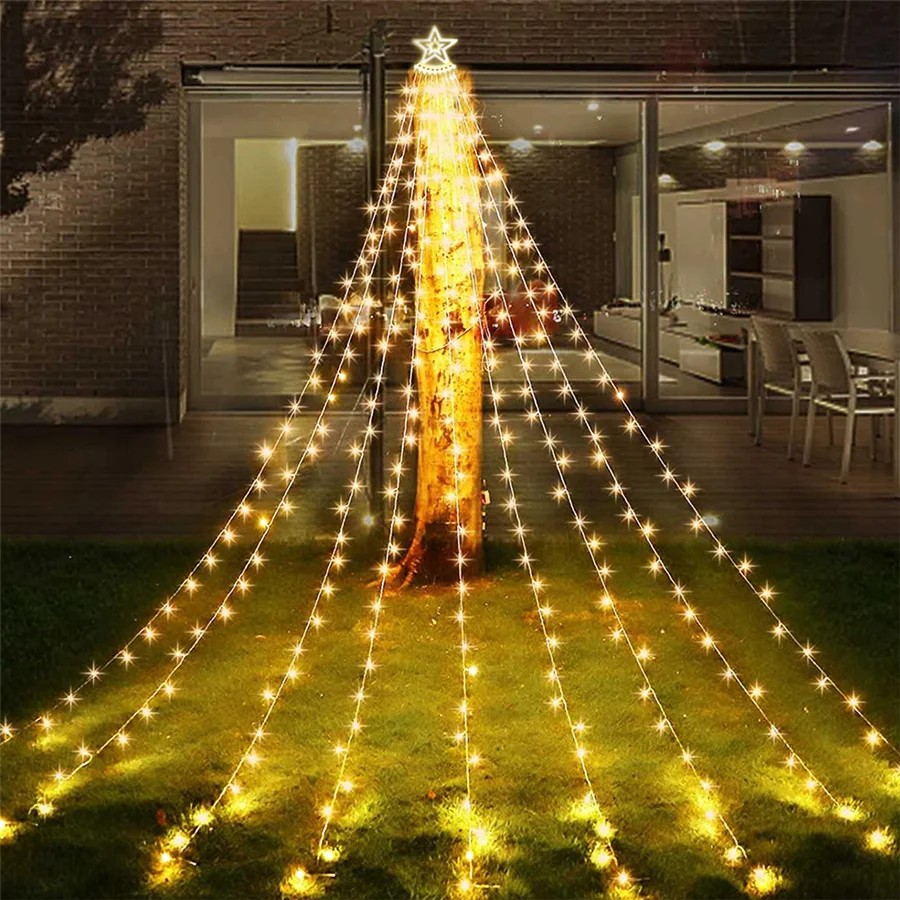 Creative LED Star Waterfall Christmas Fairy String Lights Outdoor 8 Modes Waterproof Garden Decoration Garland for Party Wedding