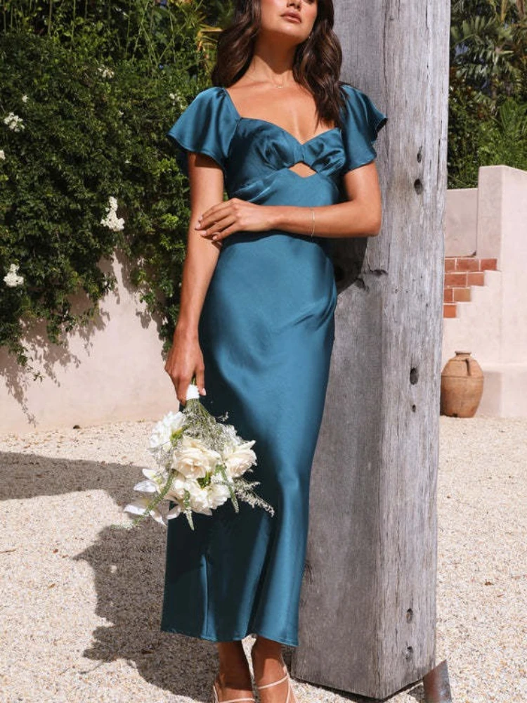 Moda damska lato 2025, elegancka i seksowna satynowa sukienka mini, wyszczuplająca, do pracy, z krótkim rękawem.