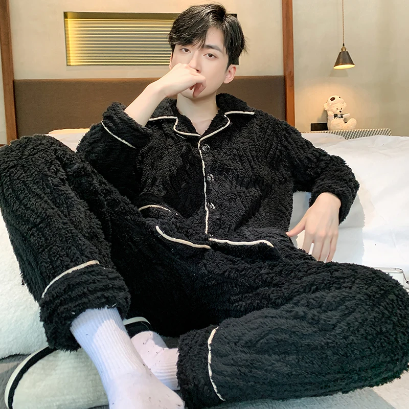 Winter thick plush men\'s pajamas coral fleece cardigan button large size young men\'s home service 300g flannel evening dress